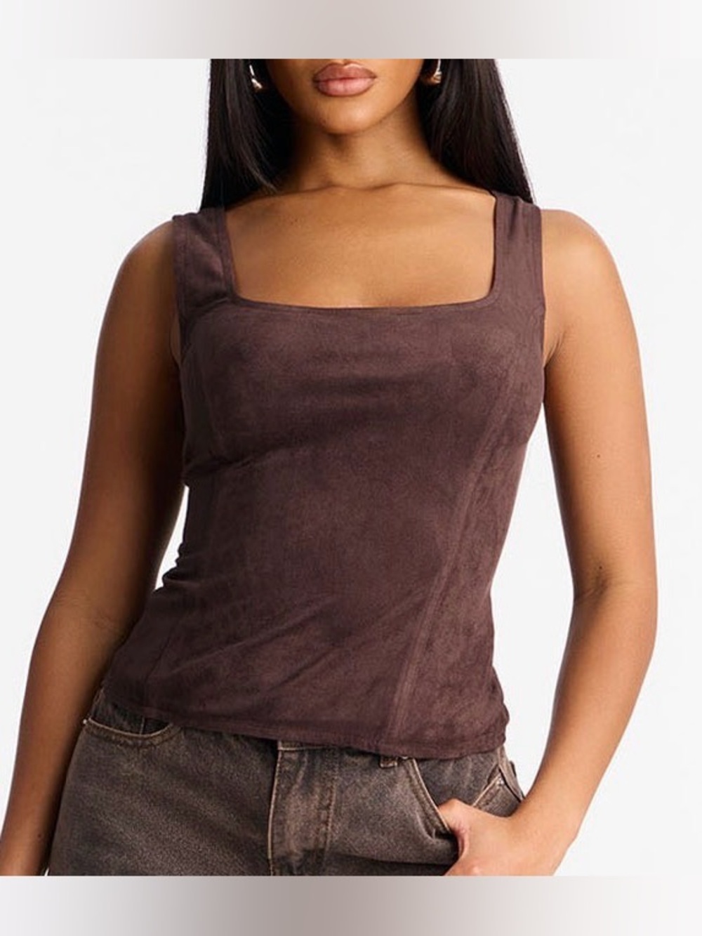 Fashion Nova Square Neck Suede-Look Tank Top in Chocolate Brown